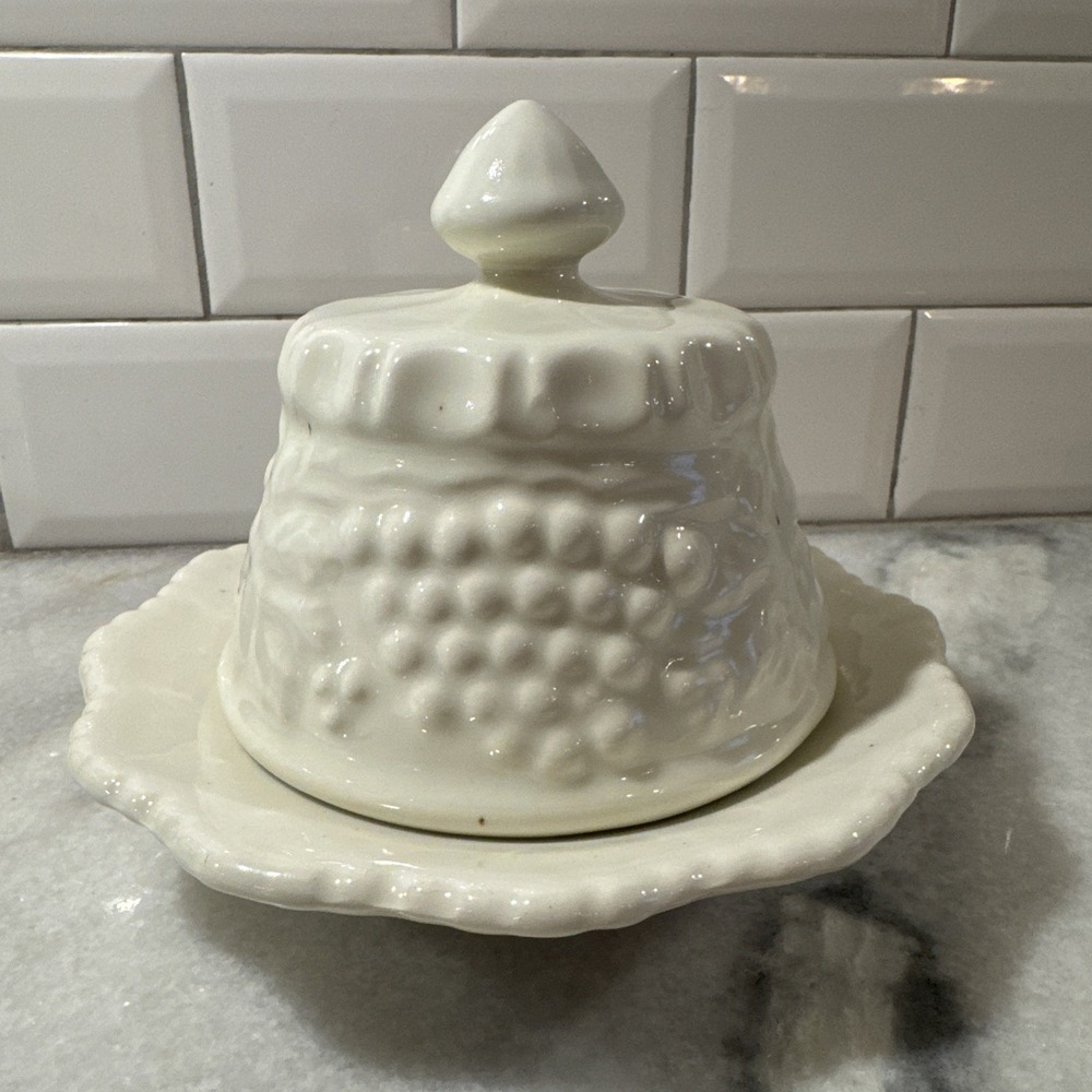 Northwood White Grapes‎ And Cable Custard Glass Butter Dish
